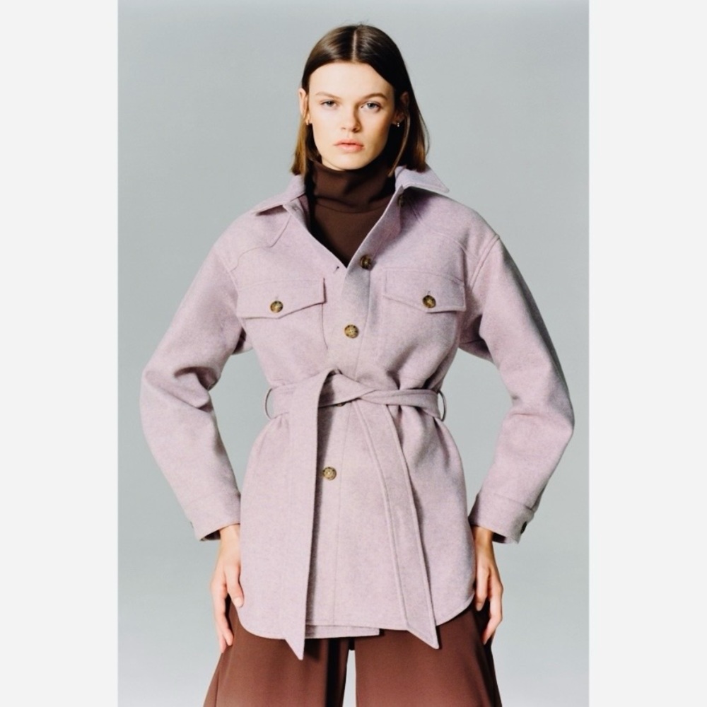 Zara Lilac Purple Oversized Belted Waist Tie Shacket Textured Jacket Coat XS